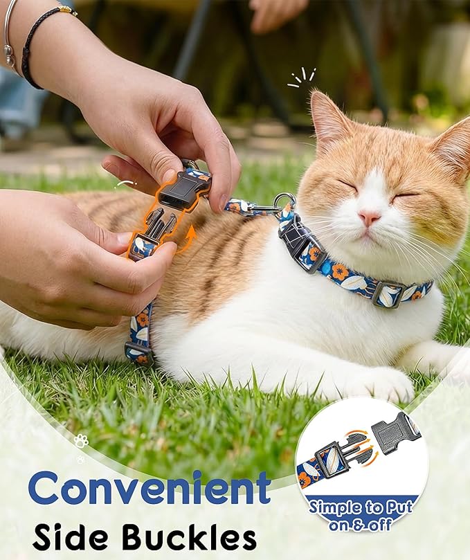 Halypet Cat Harness and Leash Set, Escape Proof 3-in-1 Adjustable Harness for Cats & Kitten, Soft Lightweight, Easy On & Control for Walking, Travel & Outdoor Use, Navy Floral, Medium