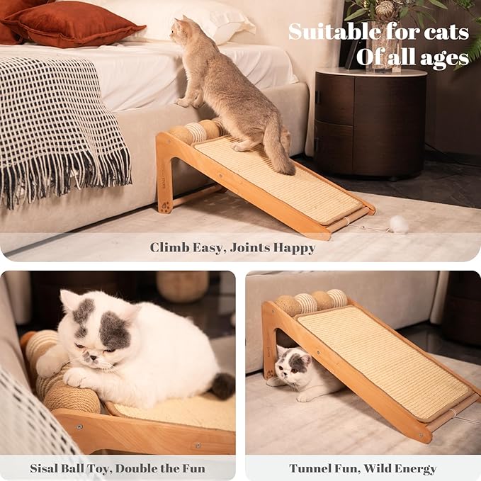 CHEERHOME PETS Sisal Cat Scratcher Ramp with Balls, 24.8" L Shape Cat Scratching Post Climbing Scratch for Indoor Cats, Solid Wooden Cat Furniture(Large)