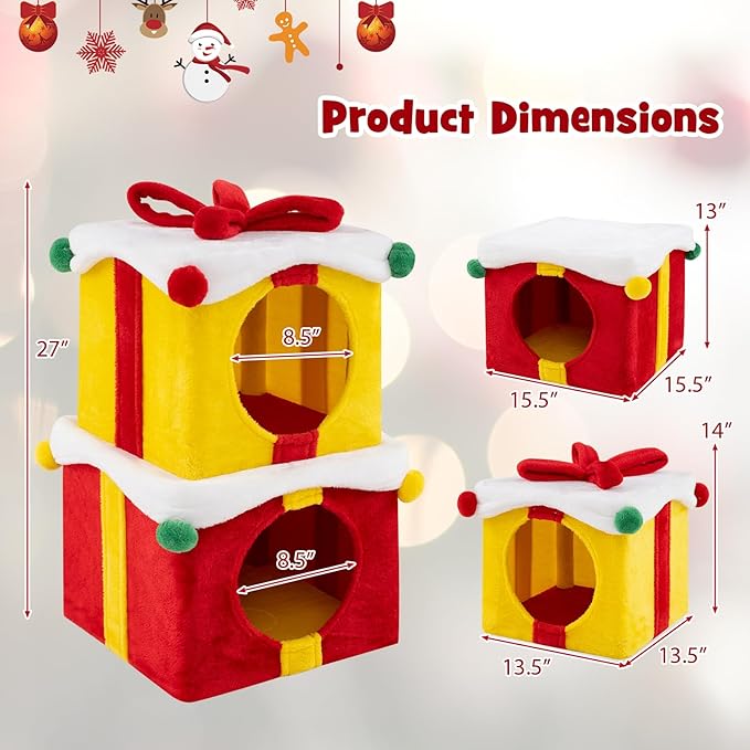 Tangkula Gift Box-Shaped Cat House, Christmas 2-Story Cat Condos, Stackable & Free Combination Kitten Tower, Soft Plush Covered Hideaway Cat Beds Caves for Indoor Kittens