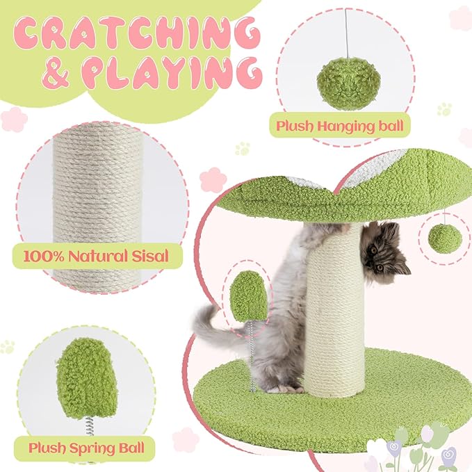 EMUST Flower Cat Tree with Bed, 28.74inch Tall Cat Tower with Scratching Post & Cozy Condo, Cute Sisal Cat Scratcher with Plush Hang Spring Ball Toys, Removable Cat Bed for Indoor Adults Cats, Green