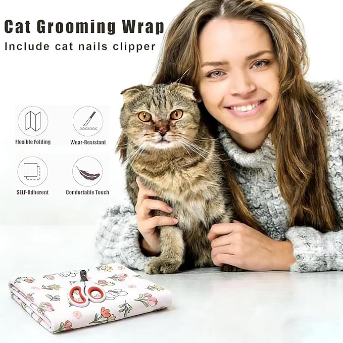 Cat Wrap for Cutting Nails, Self-Adhesive Cat Grooming Wrap Anti-Escape Anti-Scratch Calming Cat Swaddle Wrap for Nail Clipping, Medicine, Ear Cleaning, Multifuctional Pet Tool for Cat-Owner, Vet