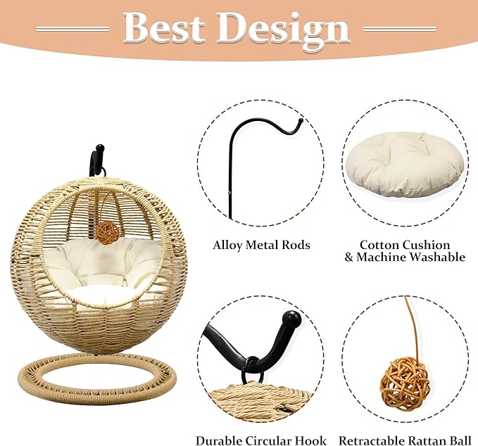 BROWN-BROWN Handmade Wicker Hanging Cat Bed – Swinging Egg Chair with Removable Cushion & Hanging Ball, Cozy Cat Hammock for Bedroom & Living Room