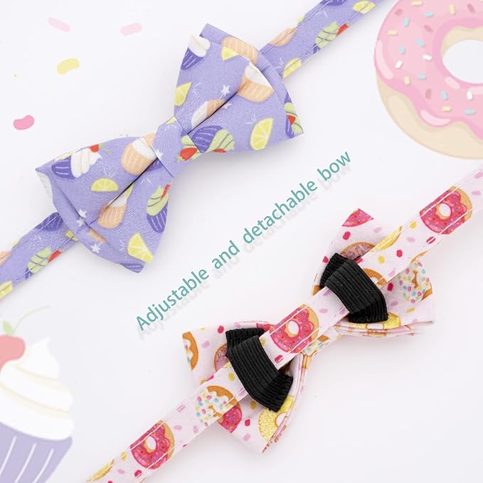 Faygarsle 2 Pack Cute Cats Collar with Bell Breakaway Bowtie Cat Collars for Male Female Cat Soft Fancy Pink Purple Cat Collar with Ice Cream Doughnuts Pattern Summer Cat Collar for Boy Girl Cats