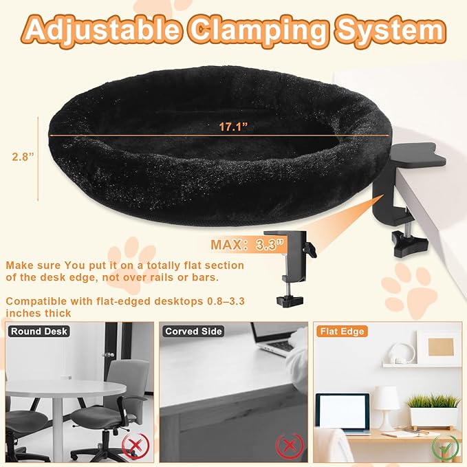 Cat Desk Bed - Ergonomic cat Desk Perch Clamp for Remote Workers - Quality Desktop Suspended Cat's Bed- Rotating Cats Hammock Desk with Removable Cover, Desk Nest Cat Bed Hold UP to 50LBS, Black