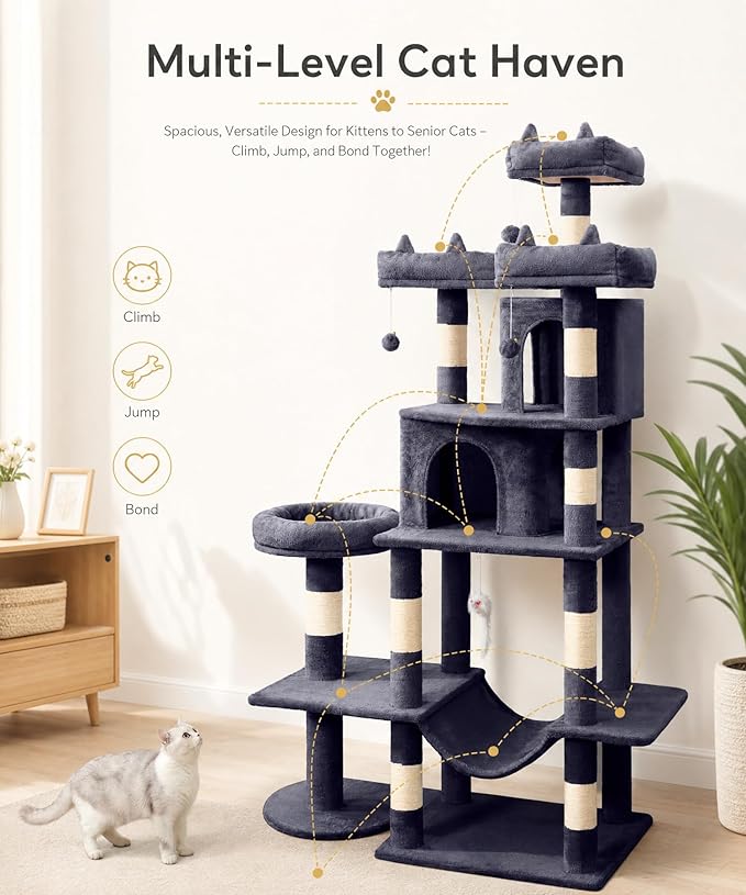 Heavy Duty Cat Tree for Indoor Cat, 71 Inch Large Cat Tower with Scratching Post and Top Perch, Hammock, Big Cat Condo for Adult Cats Kittens, PMT03DG, Dark Grey