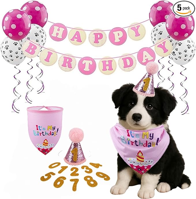 Dog Birthday Party Supplies with Bandana and Party Hat with Numbers, Happy Party Banner and Bollon for Small Middle Dogs Pink Birthday Girl Boy Scarf (Pink)