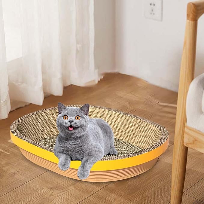 Cat Scratcher Corrugated Pet Cat Scratch Pads Bowl Shaped Plate Cardboard Scratching Lounge Bed Furniture Protector Supplies Oval Shape Suitable for, Yellow Edge