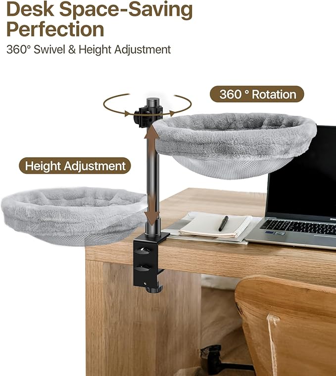 Cat Desk Bed, Cat Hammock for Home Office, 360°Rotating & Adjustable Shelf, Removable Comfortable Soft Pet Nest Bed, Modern Unique Kitten Furniture Attachment for Game Tables, Grey