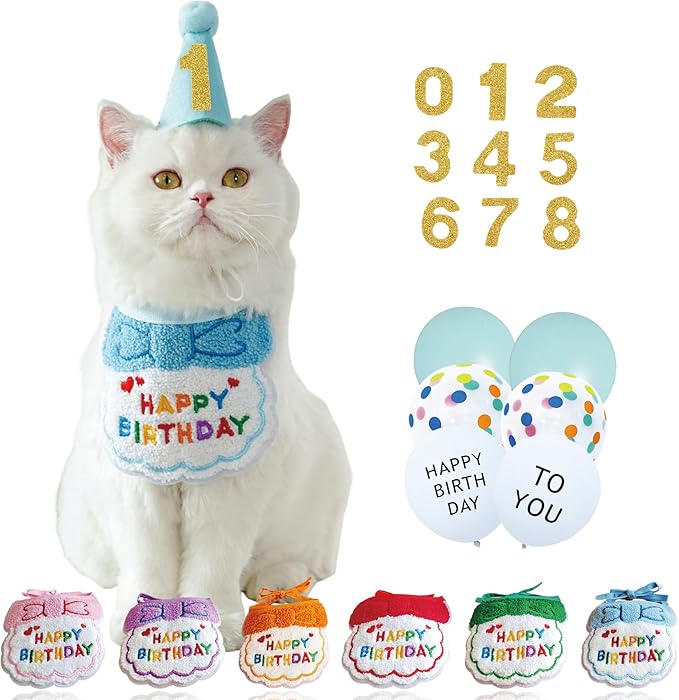 Reusable Cat Birthday Decorations Set - Adjustable Cat Birthday Hat & Bandana with Age Numbers | Kitty Celebration Kit for Memorable Milestones（Blue）