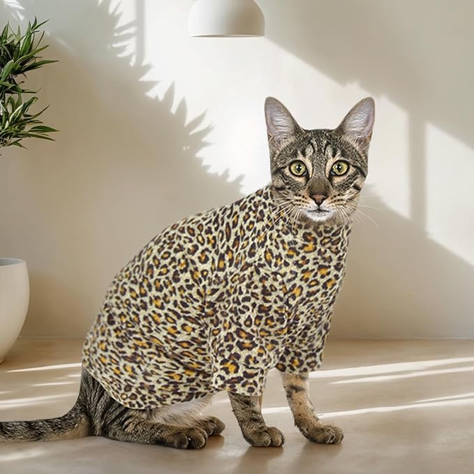 Sphynx Cat Sweater Leopard Hairless Cat Clothes Sweater Shirt Soft Warm Long Sleeves Pullover Pet Clothes Pajamas Dog Cloth for Small Dogs Jumpsuit Pet Sweaters (Leopard, Small)
