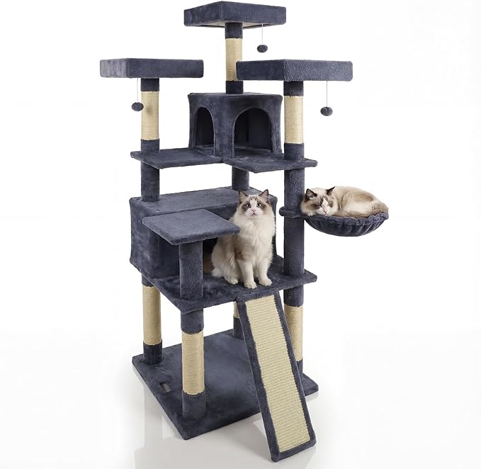 DORTALA Multi-Level Cat Tree, 65" Tall Cat Tower with 3 Plush Perch, 2 Condos, Basket Bed, Sisal Scratching Posts & Board, Hanging Pompoms, Indoor Pet Climbing Furniture (Dark Grey)