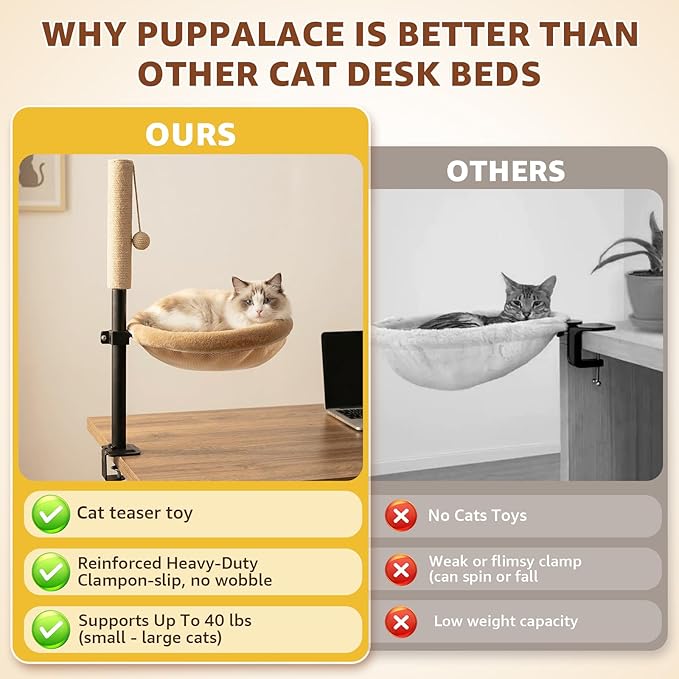 Cat Desk Bed with Scratching Post - Adjustable Height & 360° Rotation, Reversible Machine Washable Cover, Space-Saving Clamp-On Design for Office Desks, Sturdy Support for Indoor Cats (Camel)