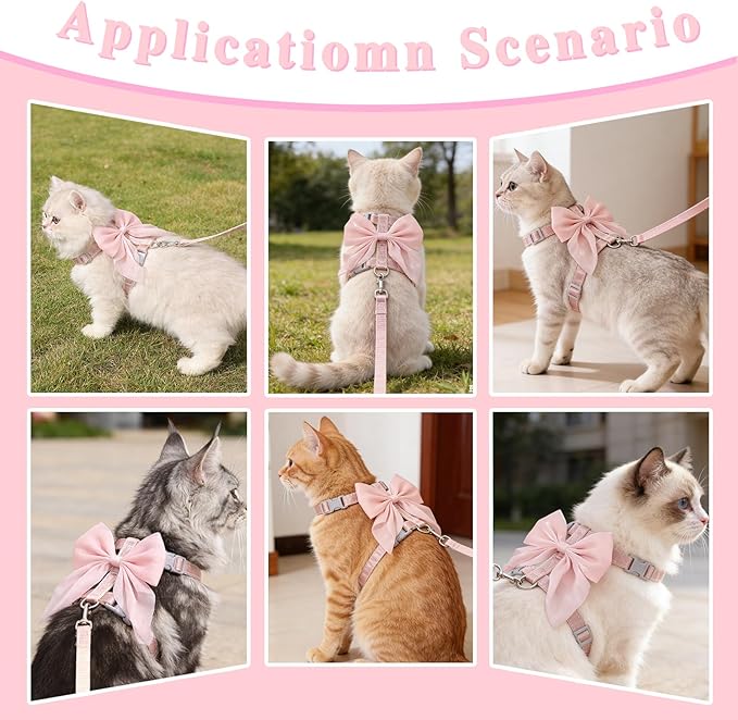 Tensho Pink Bow Cat Harness and Leash Set Escape Proof, Adjustable Kitten Harness with Leash, Bow Tie Cat Harness for Walking Outdoor - Soft Lightweight Harness for Small Dogs Cats Rabbits (M)