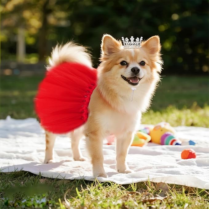Pet Costume Set Tutu Skirt with Pearl Crown for Small Dog Cat Halloween Birthday Wedding Photo Prop Costume (Red)