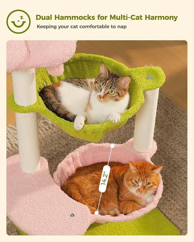 MUTTROS Flower Cat Tree with 2 Large Hammocks, 37.4" Small Cat Tower for Indoor Kitty with 6 Scratching Posts, Cute Cat Tree with Flower Top Perch, Pink