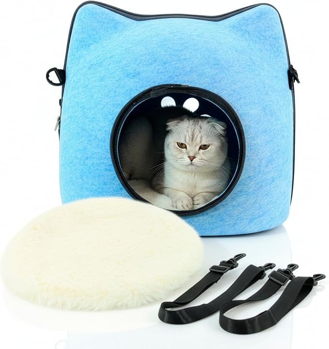 Cat Cave Bed for Indoor Cats – Felt Covered Hideaway with Cushion, Foldable Enclosed Pet House, Portable Cozy Cave Bed for Medium & Large Cats (Blue)