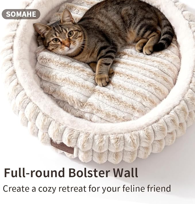 SOMAHE Cat Bed, Round Plush Faux Fur Donut Cuddler – Machine Washable Calming Cat Bed for Indoor Cats & Kittens, Removable Cushion Non-Slip Fluffy Kitten Bed, Cozy Small Cat Nest, 20" Inch White