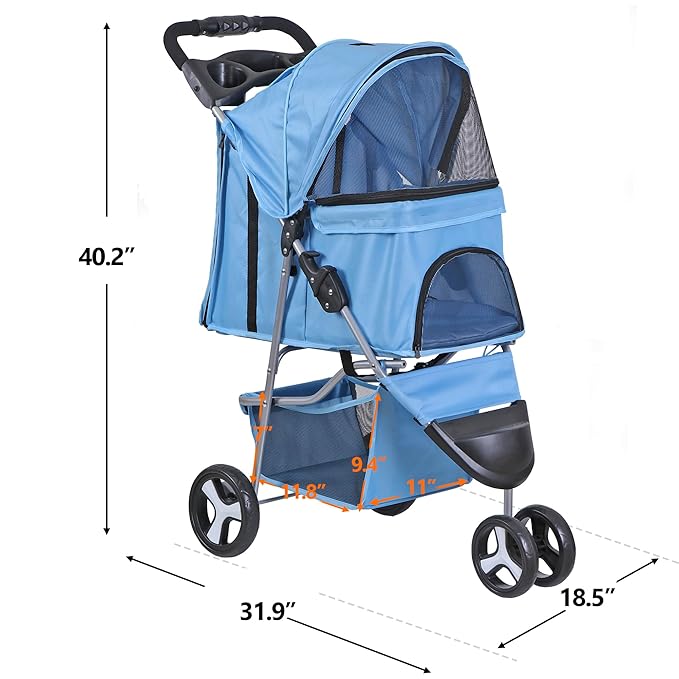 JungleA Foldable Pet Stroller for Cats Dogs,3 Wheel Jogger Stroller for Small to Medium Pets,Lightweight & Portable & Durable PetStroller with Weather Cover, Storage Basket and Cup Holder,Blue