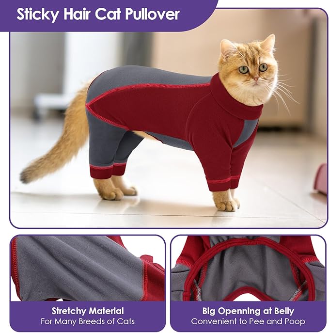 Hair Sticky Cat Clothes, Cat Sweater for Cats Only, 4-Legged Fleece Sweaters Kitten Pajamas Reduce Shedding Fur, Warm Pullover Shirts for Cats, Red S