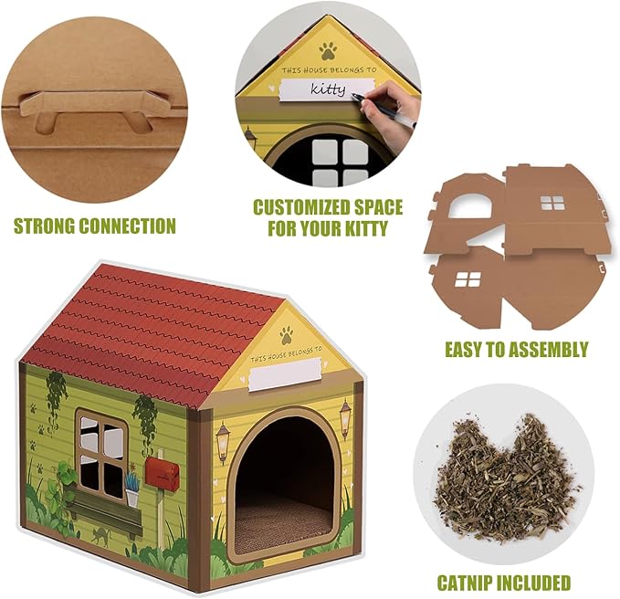 SEKAM Cardboard Cat House with Scratcher/Catnip, 16.5''L x 12''W x 15''H, Forest Cabin Cat Scratch, Customized Name Space for Indoor Cats