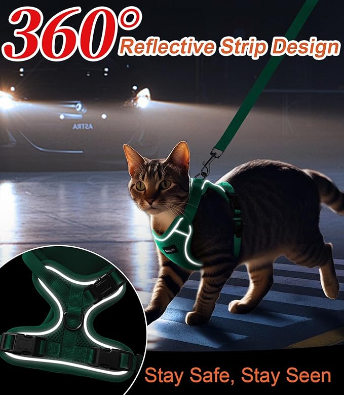 Cat Harness and Leash for Walking Escape Proof Soft Adjustable Cat Leash Breathable Comfortable Vest Easy to Wear Kitten Harness for Outdoor Travel (Emerald, S (7-12lb))