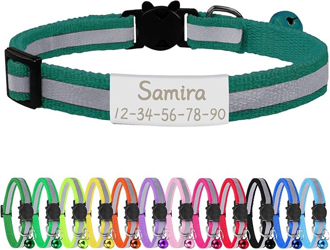 CAMAL Reflective Cat Collar Personalized with Pet ID Tag, Safety Breakaway Cat Collar with Name Tag, Dark Green Kitten Collar with Bell for Boy Girl Cats Puppies