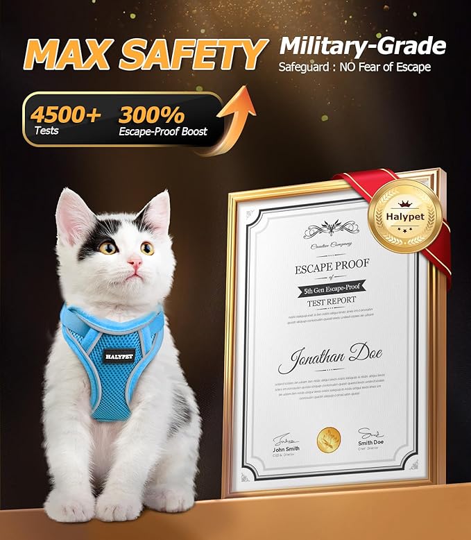 Halypet Cat Harness and Leash Set [MAX Safety 4th-Gen Upgrade] Escape Proof Adjustable Cat Leash Comfortable Soft Vest Easy to Wear Kitten Harness with Reflective Strip for Cats Walking, XS SkyBlue