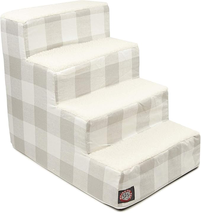 Majestic Pet 4 Step Portable Dog Stairs for Small Dogs to get on Bed Supports 250 lbs or Less – Dog Steps for High Bed with Machine Washable Cover –Pet Stairs for Cats Anderson Check Light Gray