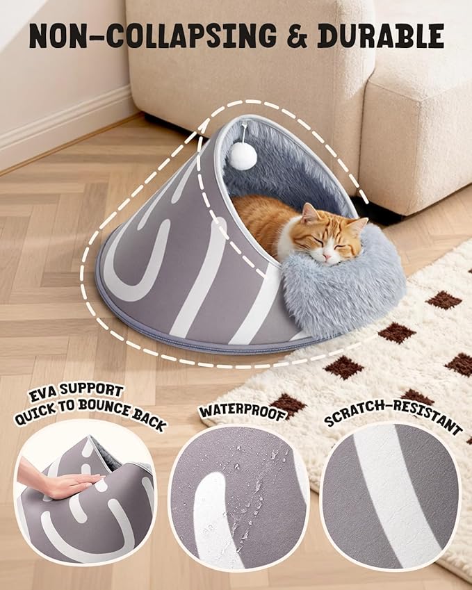 BurgeonNest 20-Inch Round Cat Bed Cave, Enclosed Hooded Pet House for Indoor Kittens, Anti-Collapse EVA Shell with Cord Access for Heating Pad, Washable Soft Plush, Grey