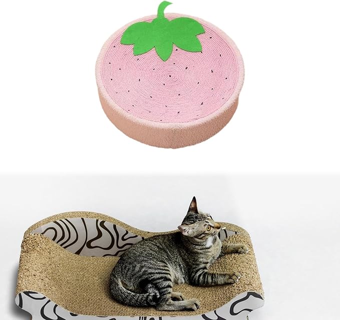 Cat Scratch Pad Cat Scratcher Board Sisal Round Cat Bed Cat Toy Foam and Sisal Cover for Protecting Furniture Suitable for Cat Owners Home Use, Strawberry