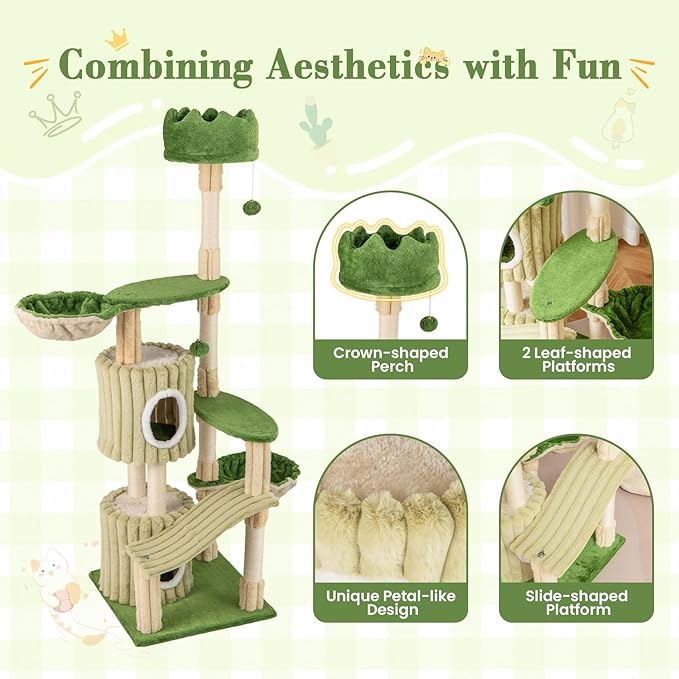 Tangkula 63 Inch Tall Cat Tree, Cute Green Cat Tower with 2 Condos, Plush Top Perch, 2 Basket Beds, Sisal Scratching Posts, 2 Dangling Balls, Slide Platform, Large Aesthetic Cat Tree for Indoor Cats