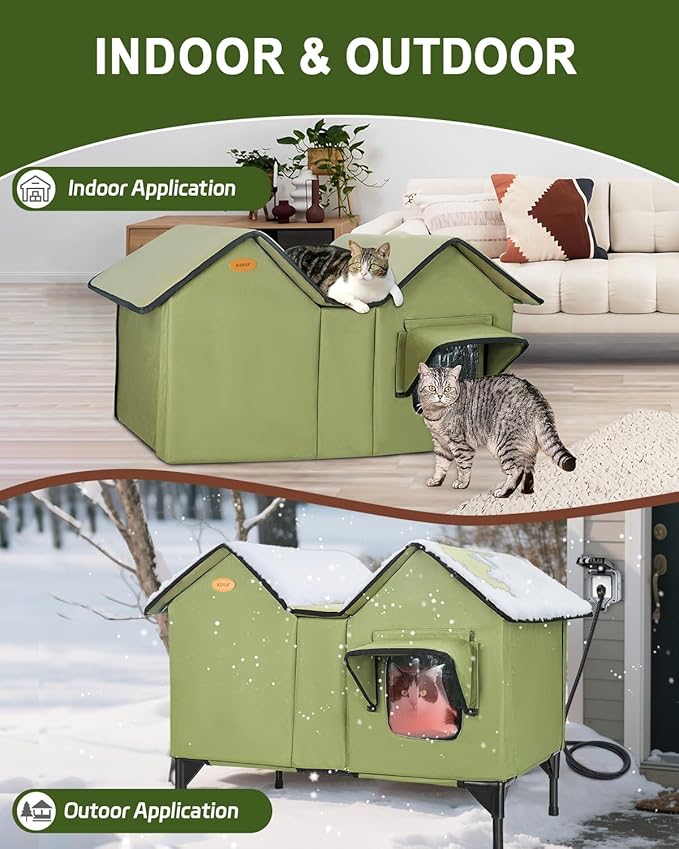Heated Cat House for Outside Cats in Winter, Extra Large Heated Outdoor Cat House Weatherproof Insulated with Elevated Base & Escape Door, Waterproof Cat Shelter for Multiple Cats Feral Stray Kitty