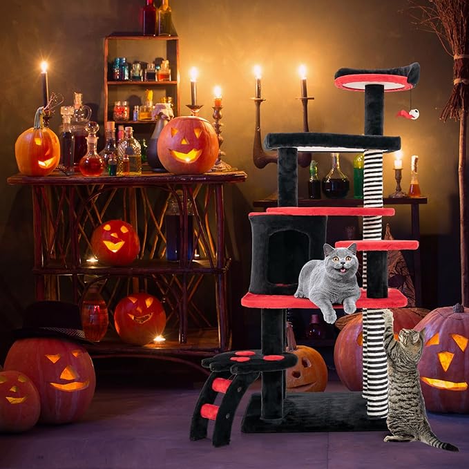 Tangkula Gothic Cat Tree, 52 Inch Black Cat Tower with Coffin Bed, Condo, Sisal Scratching Posts, Pompom Bat-Shaped Ball, Halloween Pet Furniture, Spooky Goth Cat Tree for Indoor Cats