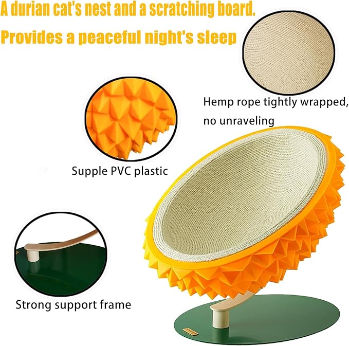 3-in-1 Durian Cat Scratching Bed & House - Sisal Rope Board with PVC Frame, Multi-Functional Pet Bed for Claw Care, Napping & Massage, Durable Seasonal Cat Furniture - Easy Assembly