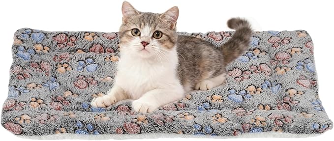 Dog Cat Bed Mat, Soft Coral Fleece Pet Cushion Pad with Cute Paw Print, Warm Washable Pet Bed 21x14 Inches, (Black), Intended for Medium Small Dog Cat