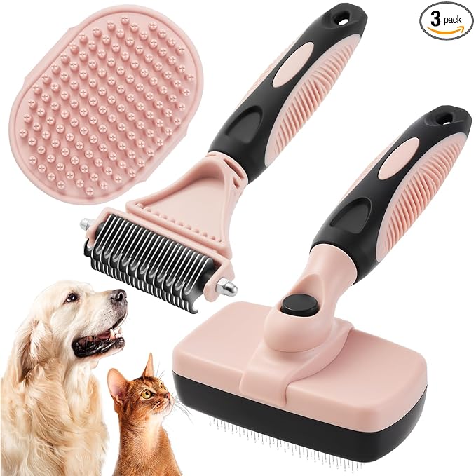 XAQMHSW 3PCS Cat & Dog Brush Set: Slicker & Deshedding Brush, Dematting Comb, and Bath Brush – Premium Grooming Tools for Shedding & Tangle-Free Fur (Pink)