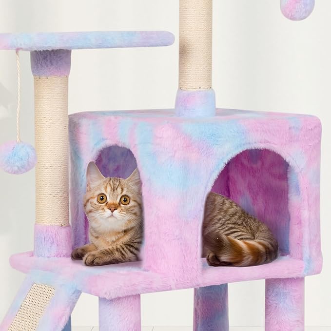 Rainbow Cute Cat Tree for Indoor Cat Tower with Scratching Post Modern Activity House Hammock Hanging Ball Condo with Board