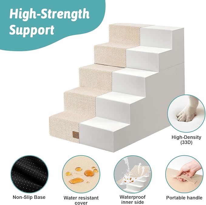 COZY KISS Dog Stairs for Small Dogs, 17.7" Extra Wide Detachable Pet Stairs for Couch and Bed, 23.6" H Non-Slip Dog Steps for Puppies and Old Cats, 17.7x29.5x23.6 inch, Beige