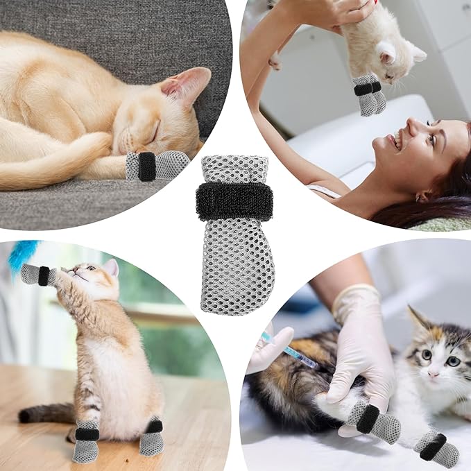 4 Pcs Cat Boots Anti Scratch Mittens Gloves Adjustable Cat Claw Protectors Foot Covers Mesh Breathable Cats Shoes to Prevent Scratching for Pet Bathing Feeding Cutting Nail Trimming