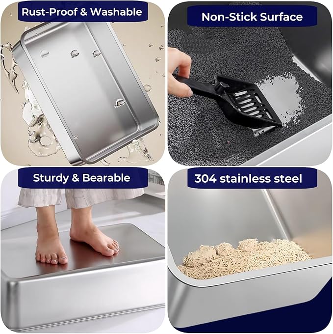 2 Pack Stainless Steel Cat Litter Box with High Sides - Metal Cat Pan, Large Indoor Litter Tray, Never Absorbs Odor, Pet Toilet Supplies Smooth Surface for Kitten, Kitty, Rabbit 23.6" 16"x8"