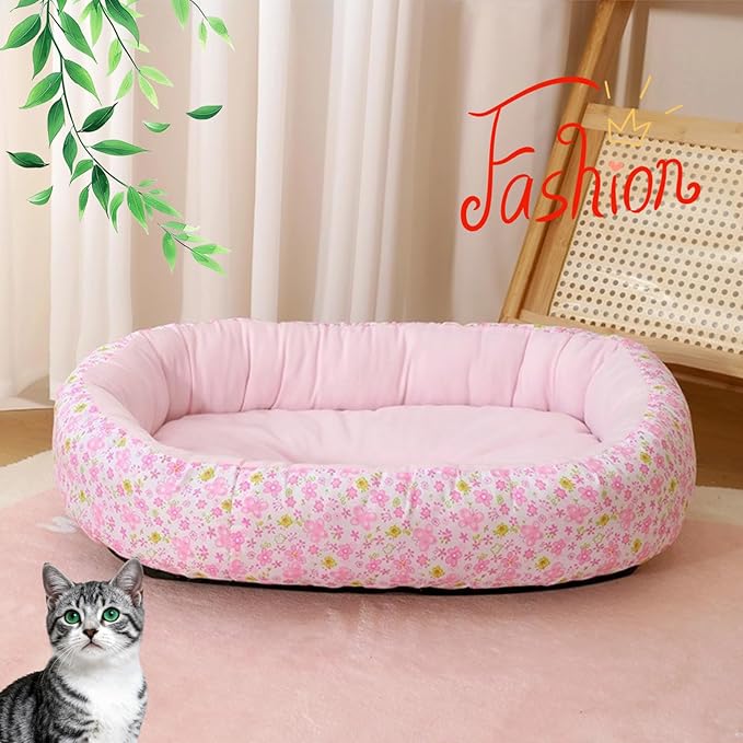 Floral Print Cat Beds for Indoor Cats Cozy Plush Fabric, Supportive Raised Sides, Non-Slip Bottom Washable Mat for Small Medium Pet Puppy Dog (Pink,Large)