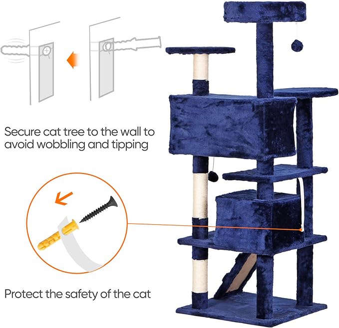 52” Multi-Level Cat Tree Condo Furniture Kitten Activity Play House Bed Pet Kitty Climbing Tower with Scratching Posts/Plush Perch/Scratcher Ladder/Tunnel for Cats,Kittens,Pets (Blue)