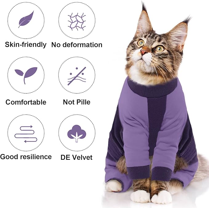 QBLEEV Sticky Hair Cat Clothes, Soft Cat Pajamas for Cats Only, Prevent Lost Fur Kitten Sweater Onesie, Stretchy Recovery Suit for Female Male Cats After Surgery Daily Wear, Purple, L