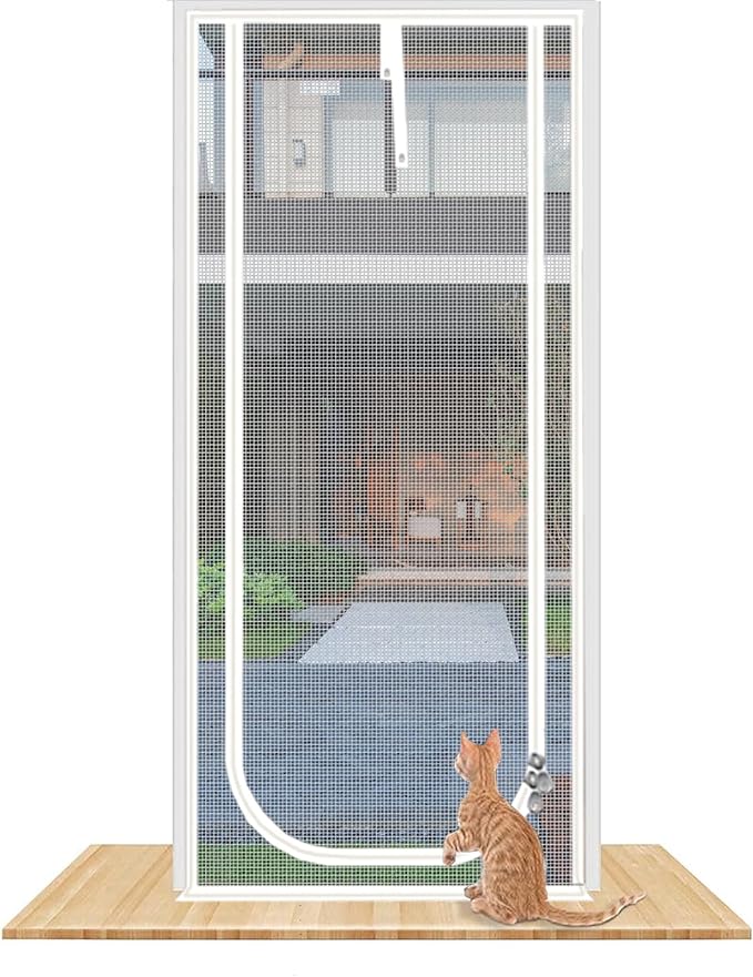 Reinforced Cat Screen Door,Fits Door Opening Size 34''x 81'',Thickened Cat Resistant Mesh Screen Door for Living Room,Kitchen,Bedroom,Cat Proof Screen with Zipper Closure. (U-Type,White)