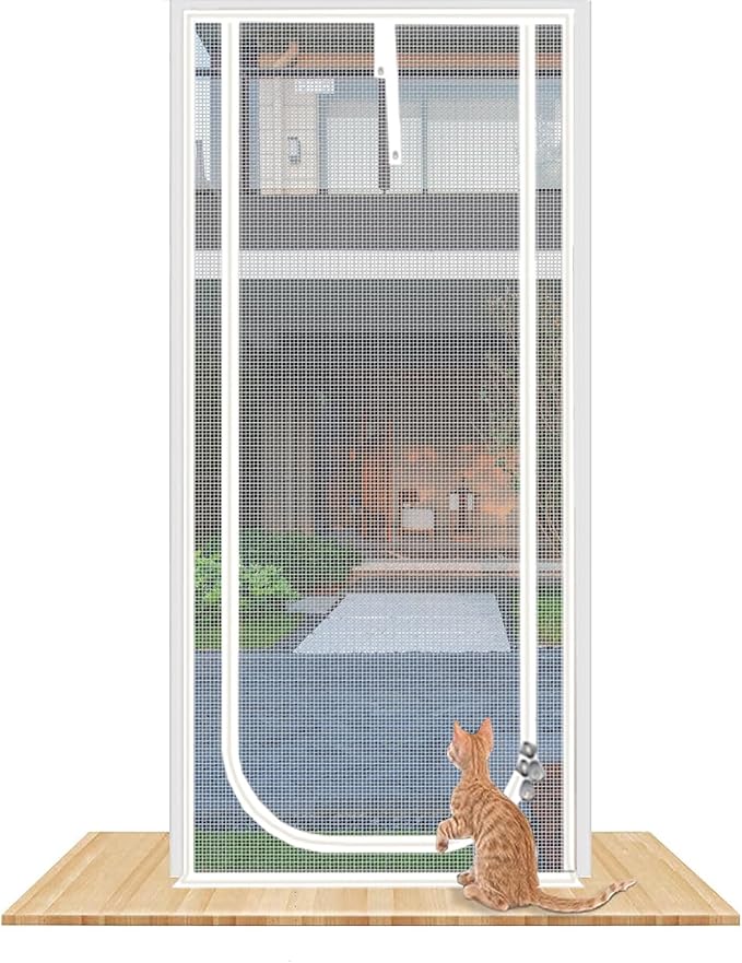 Reinforced Cat Screen Door,Fits Door Opening Size 36''x 81'',Thickened Cat Proof Mesh Screen Door with Zipper Closure for Living Room,Kitchen,Bedroom. (U-Type,White)