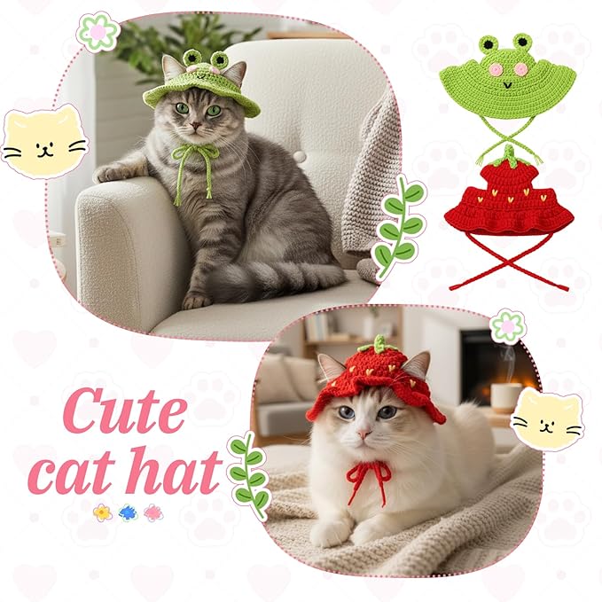 Cat Hats for Cats Only Cute Knit Cat Hat Strawberry Hat with Adjustable Cord Handmade Crochet Cats Clothes Soft Cute Knitted Hats Christmas Party Costume Accessory for Puppy Kitten (Red, Green)