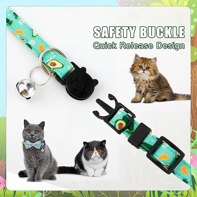 2pcs Summer Cat Collars, Cute Fruit Theme Cat Collar with Bowtie & Bell Adjustable Soft Cat Bow Tie Collar with Dragon Fruit Avocado Pattern for Girls Boys Kitten (Blue, Green)