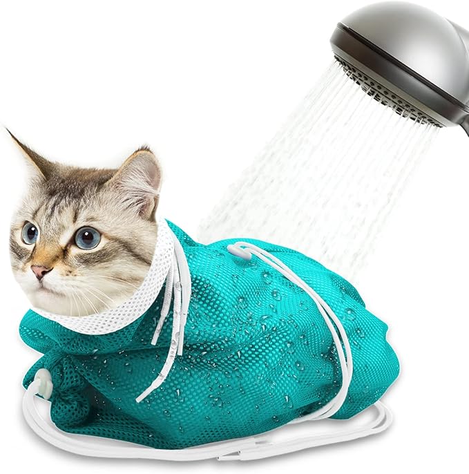 Cat Bathing Bag, Breathable Mesh Cat Shower Washing Bag Anti Scratch Adjustable Cat Grooming Bag for Nail Trimming