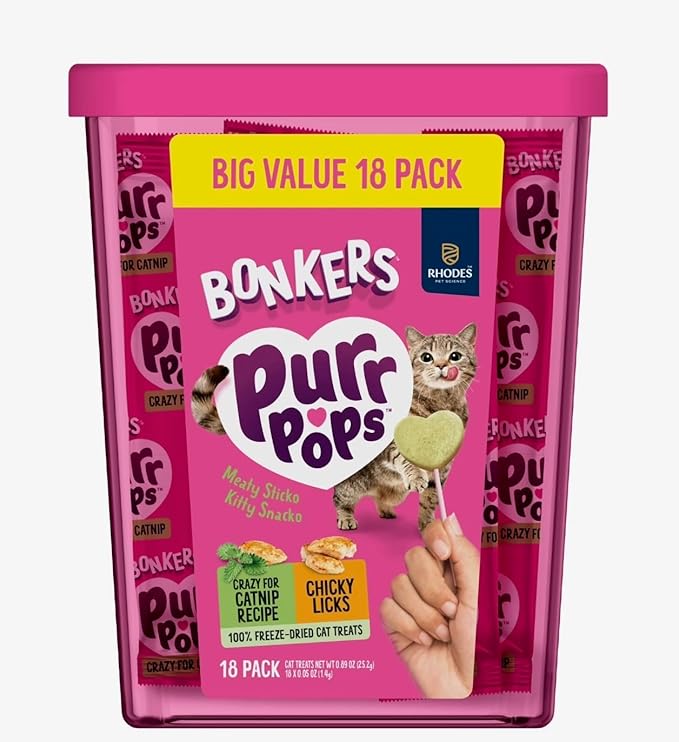 Bonkers Purrpops Freeze-Dried Cat Treats, 2-18 Pack Variety Bundle with Salmon & Tuna, Catnip & Chicken Flavors, Plus 2 Cat Pom Pom Balls Toy