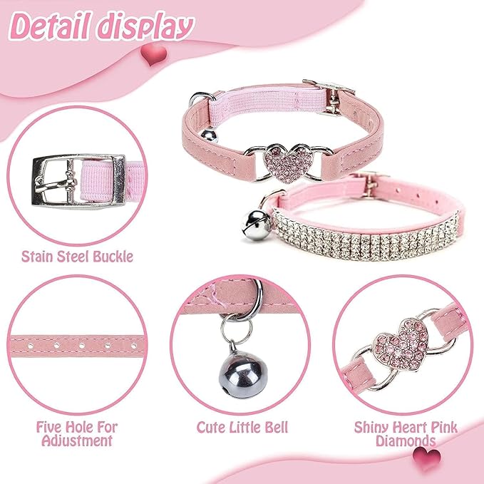 BINGPET Diamond Cat Collar,Adjustable Soft Velvet Leather Safe Kitten Collar with Shiny Rhinestones and Bells,Girl Boy Bling Cat Collars with Safety Elastic for Small Medium Cats Pack of 2（Pink）